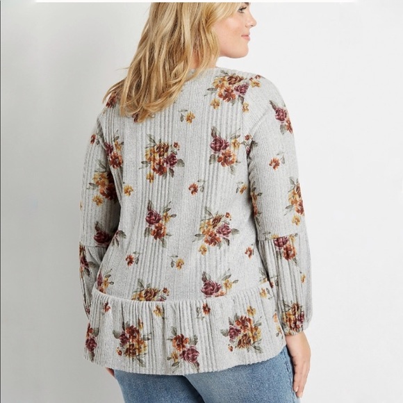 Plus Sz 3X Gray Floral Ribbed Peplum Top - Picture 2 of 11